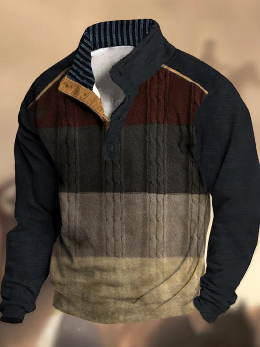 Cowboy Texture Motif Imprimé Village Occidental Chasse Logo Bouton V-cou En Plein Air Épais Sweatshirt