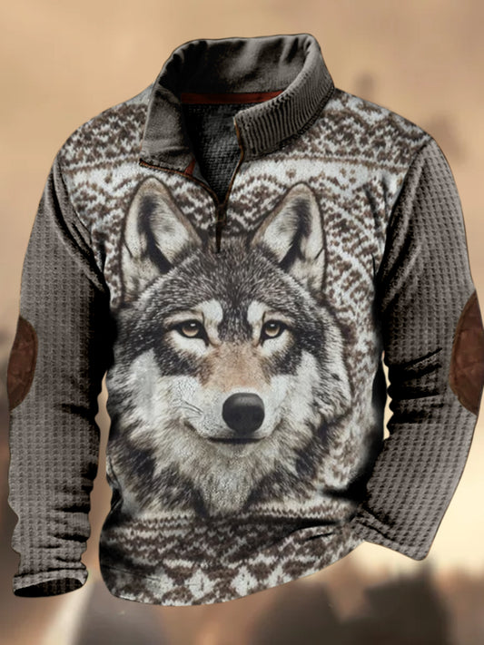 Loup Démon Texture Motif Imprimé Village Occidental Chasse Logo Zipper En Plein Air Épais Sweatshirt