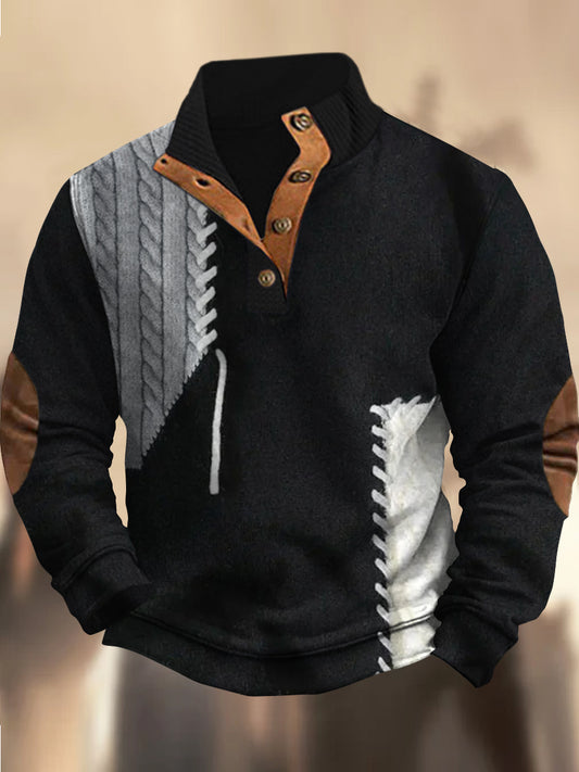 Cowboy Texture Motif Imprimé Village Occidental Chasse Logo Bouton V-cou En Plein Air Épais Sweatshirt