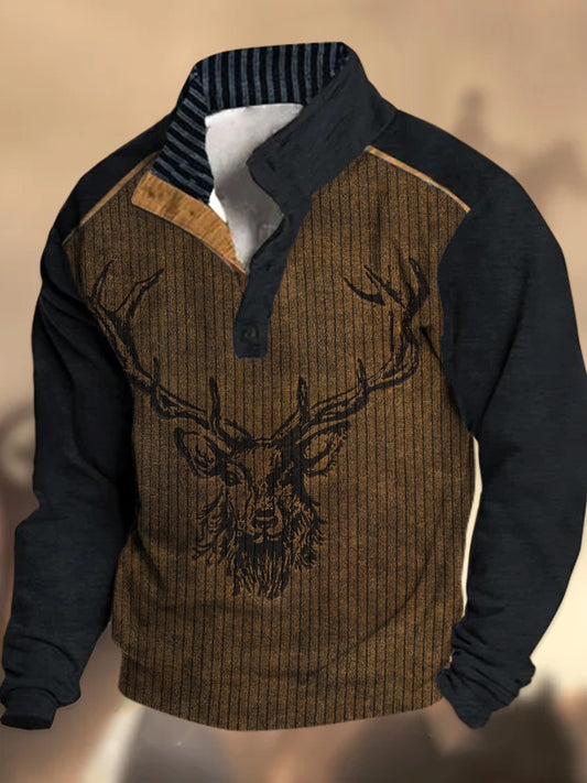 Cowboy Texture Motif Imprimé Village Occidental Chasse Logo Bouton V-cou En Plein Air Épais Sweatshirt