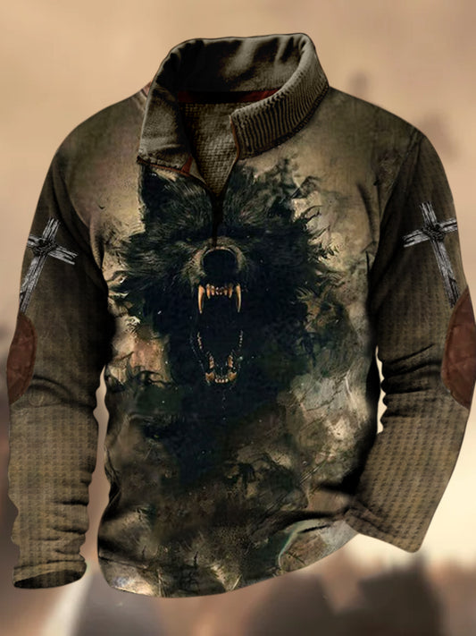 Loup Démon Texture Motif Imprimé Village Occidental Chasse Logo Zipper En Plein Air Épais Sweatshirt