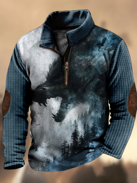 Loup Démon Texture Motif Imprimé Village Occidental Chasse Logo Zipper En Plein Air Épais Sweatshirt