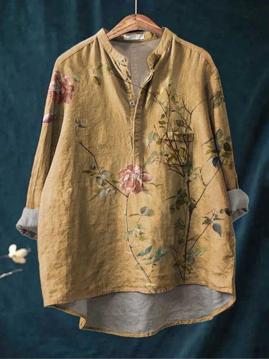 Chemise décontractée en coton confortable à manches longues et imprimé floral Boho rétro