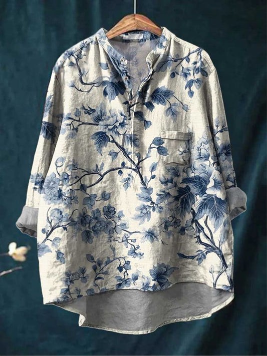 Chemise décontractée en coton confortable à manches longues et imprimé floral Boho rétro