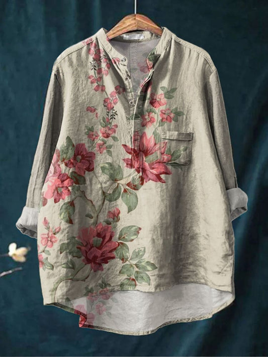 Chemise décontractée en coton confortable à manches longues et imprimé floral Boho rétro