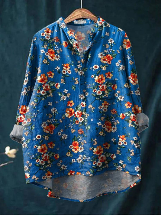 Chemise décontractée en coton confortable à manches longues et imprimé floral Boho rétro