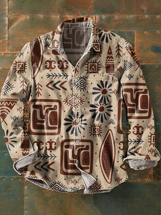 Chemise à manches longues Vintage Ethnic Art Print pour hommes