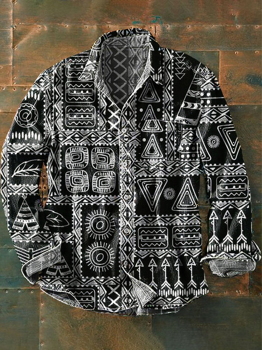 Chemise Vintage Ethnique Géométrique Art Print à Manches Longues pour Homme