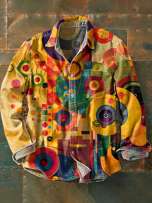 Chemise de poche vintage géométrique couleur Art abstrait imprimé à manches longues pour hommes