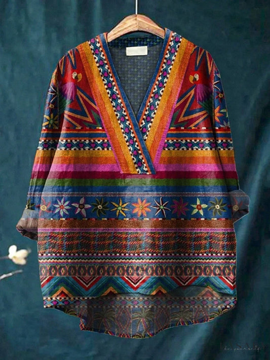 Chemise en coton à manches longues décontractée à imprimé floral rétro Boho