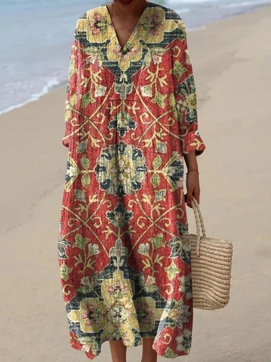 Robe en coton à motif géométrique vintage pour femmes