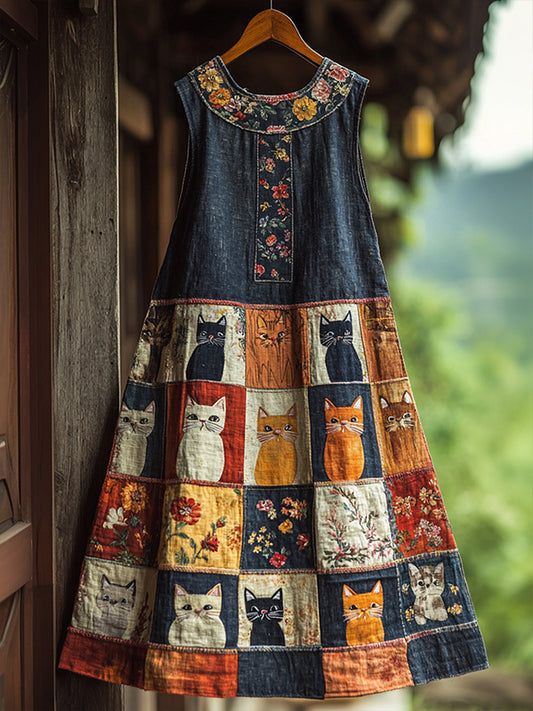 Robe imprimée design patchwork chat artistique pour femmes