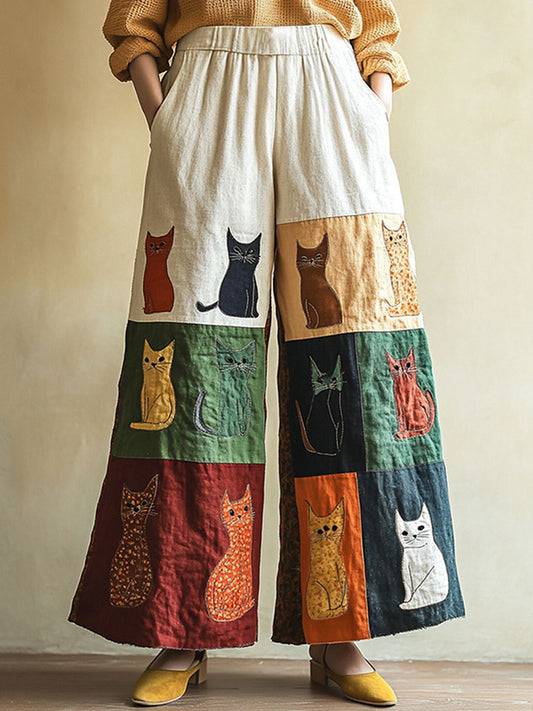 Pantalon décontracté imprimé patchwork chat artistique pour femmes
