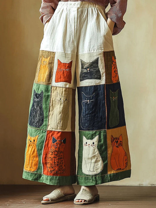 Pantalon décontracté imprimé patchwork chat artistique pour femmes