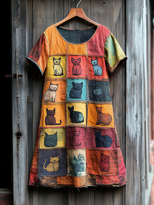 Robe imprimée design patchwork chat artistique pour femmes