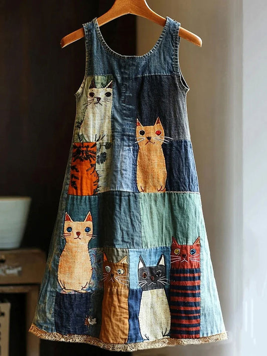 Robe imprimée design patchwork chat artistique pour femmes