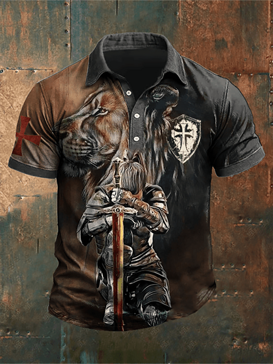 Hommes Rétro Mis Sur L'armure Complète De La Foi De Dieu Imprimé POLO Chemise