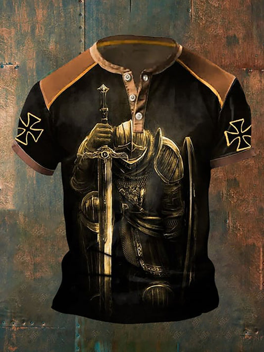 Hommes Retro Templiers Chevaliers Imprimer Boutons Casual Neck Top