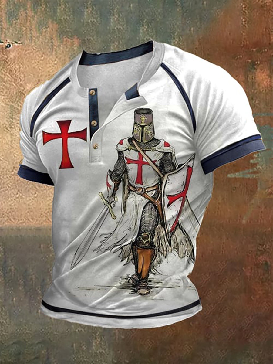 T-shirt rétro contraste couleur Knight Faith Henley Neck pour hommes