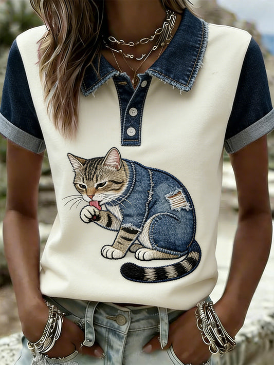 Femmes Rétro Mignon Chat Denim Patchwork Art Polo