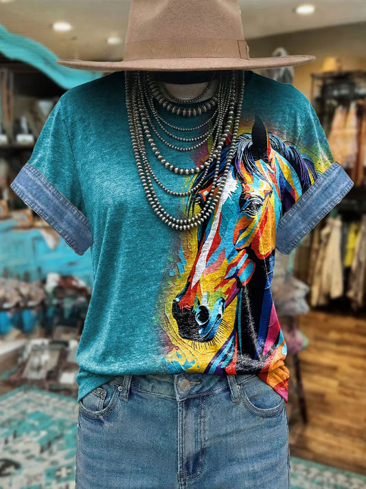 T-shirt à manches courtes vintage western horse léopard patchwork imprimé femme