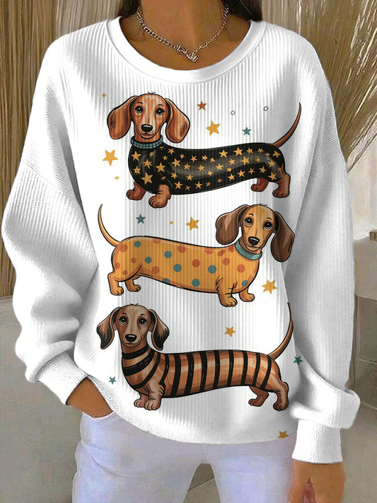 Sweat-shirt Femme Mignon Teckel Weiner Chien Imprimé Côtelé Col Rond
