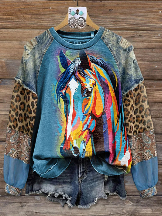 Femmes Vintage Western Horse Leopard Patchwork Imprimer Casual Sweatshirt