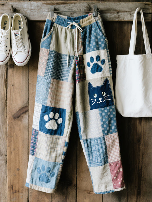 Joli motif de chat Patchwork Art Lin Blend Pantalon pour femme