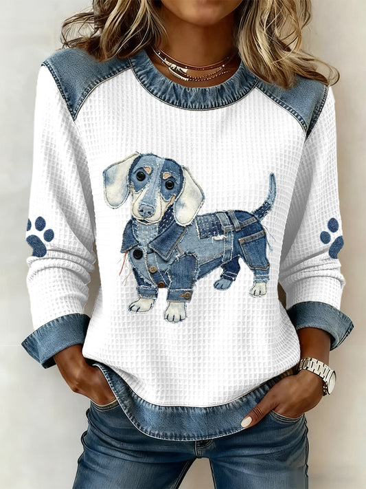 Belle Teckel Motif Denim Patchwork Art Sweatshirt des femmes