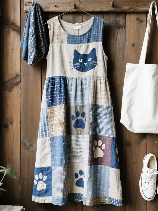 Lovely Cat Pattern Patchwork Art Lin Blend Robe Femme