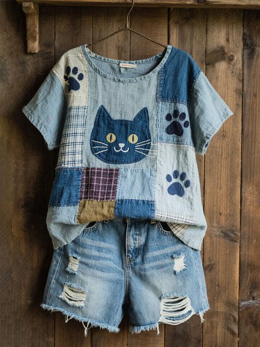 Lovely Cat Pattern Patchwork Art Lin Blend Chemise des femmes