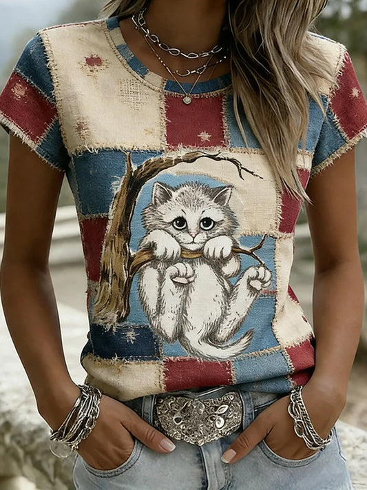 T-shirt décontracté et confortable pour femme, imprimé d'art animalier rétro