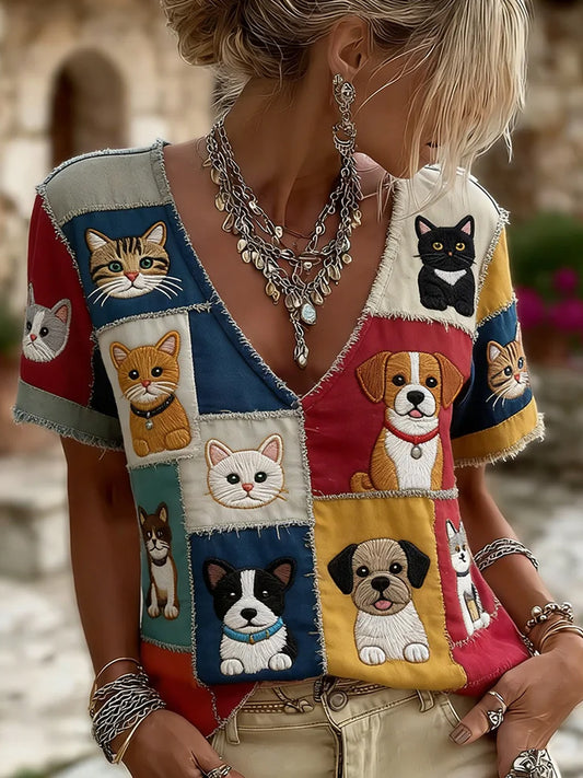 T-shirt Rétro Animal Art Imprimé Confort Décontracté Femme