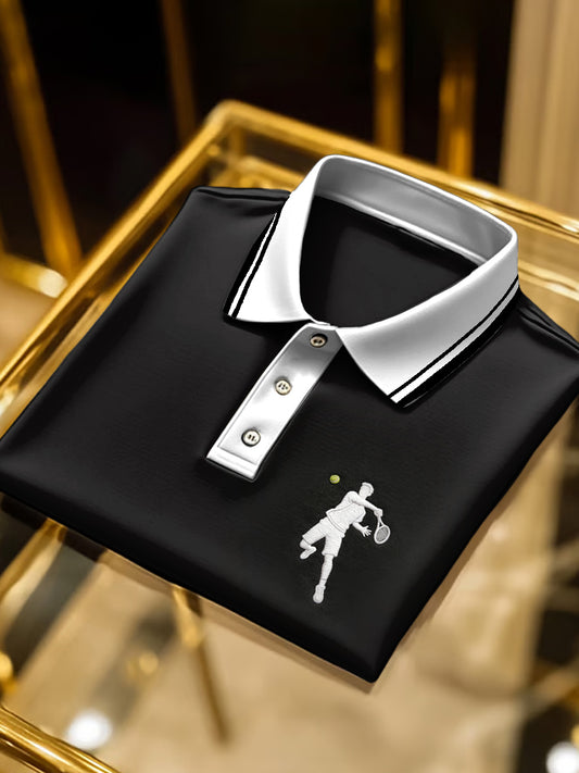 Polo noir décontracté à imprimé de tennis français pour hommes