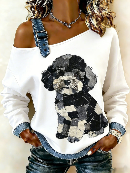 Sweat-shirt décontracté à épaules dénudées pour femmes Vintage Canvas Dog Patchwork Print