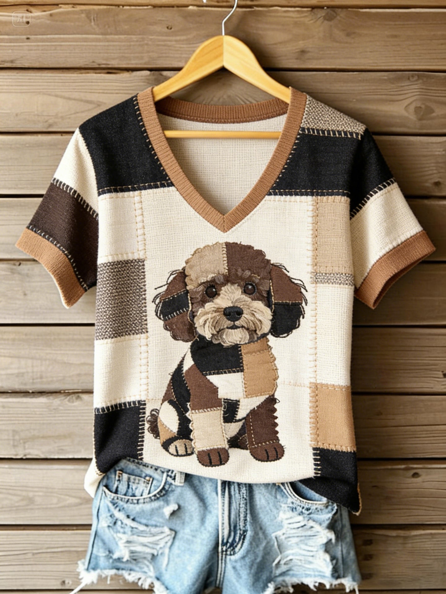 T-shirt à col en V imprimé patchwork de chien en toile vintage pour femmes