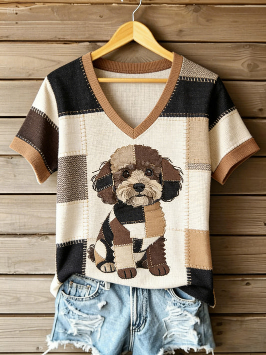 T-shirt à col en V imprimé patchwork de chien en toile vintage pour femmes
