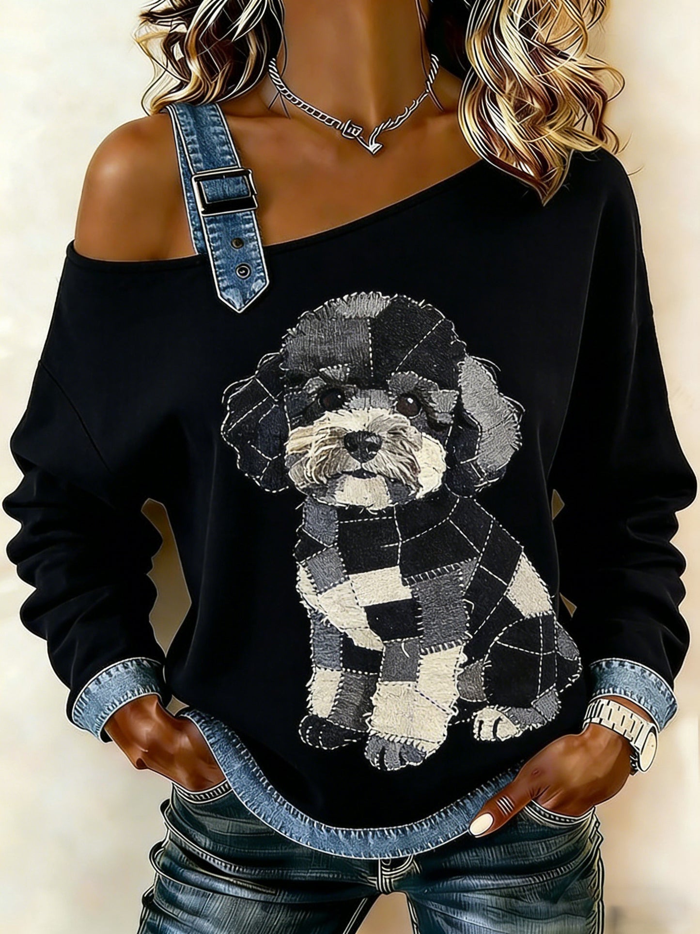 Sweat-shirt décontracté à épaules dénudées pour femmes Vintage Canvas Dog Patchwork Print