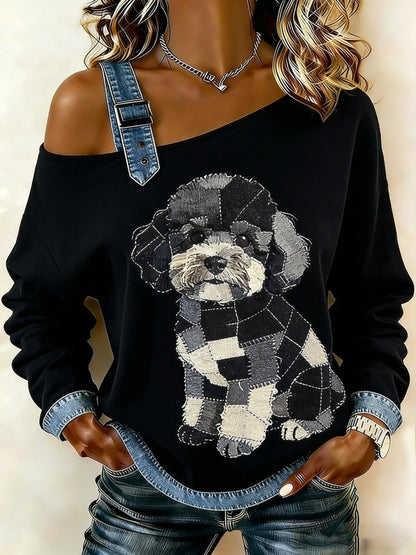 Sweat-shirt décontracté à épaules dénudées pour femmes Vintage Canvas Dog Patchwork Print