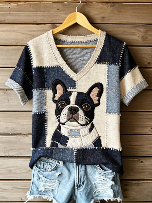 T-shirt vintage en toile pour femmes, patchwork à motifs de chiens, col en V, imprimé