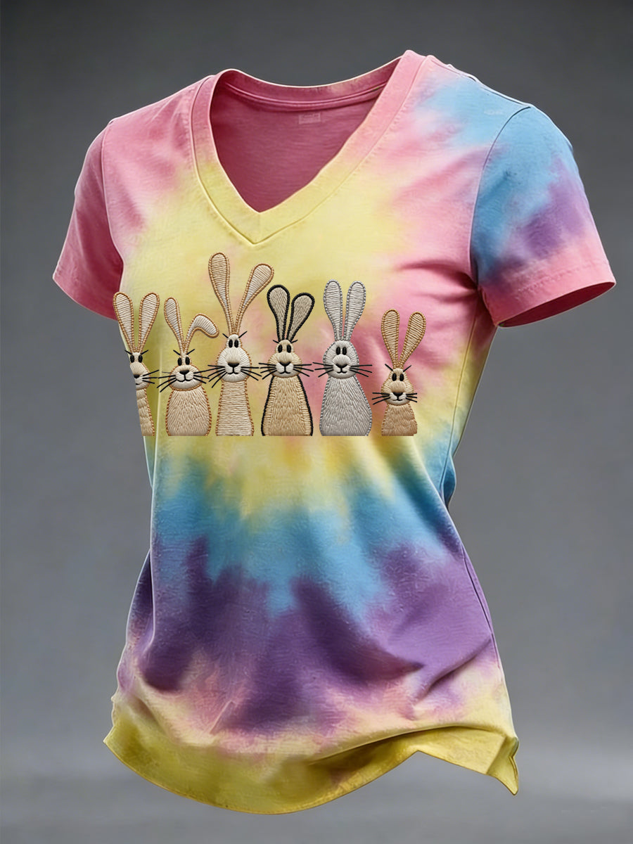Pâques Mignon Lapin Tie-Dye Imprimer Casual V-Neck Tee Femme
