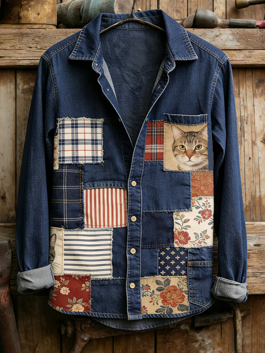 Chemise décontractée Vintage Cat Patchwork Print pour hommes
