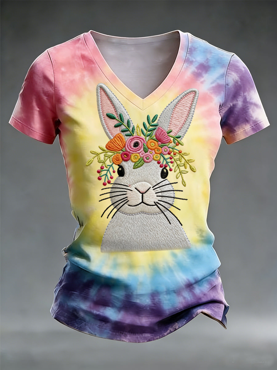 Pâques Mignon Lapin Tie-Dye Imprimer Casual V-Neck Tee Femme