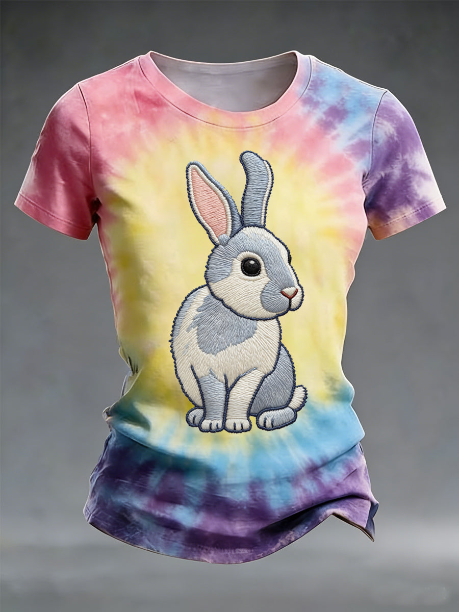 Tee-shirt décontracté à imprimé tie-dye lapin mignon de Pâques pour femmes