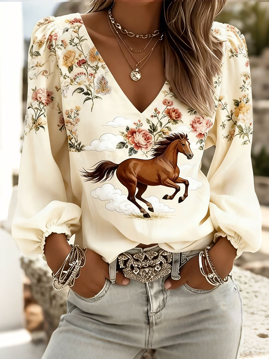 Femmes Floral Horse Print V-Neck Tops