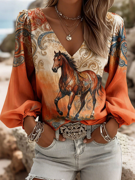 Western Style Horse Print V-Neck Tops Femme
