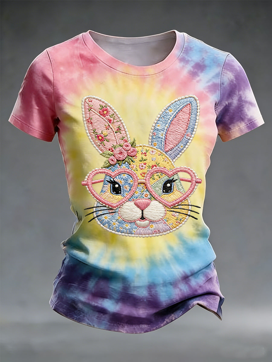 T-shirt décontracté pour femmes, motif tie-dye mignon lapin de Pâques