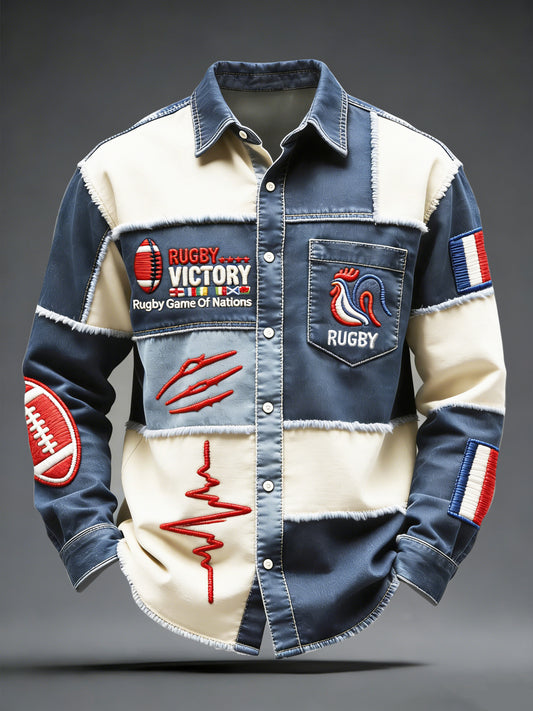 Chemise décontractée pour homme, rugby français Six Nations, en denim patchwork imprimé