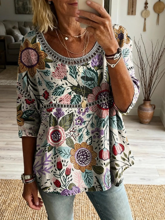 Motif floral Art Print Casual col rond à lacets Top des femmes