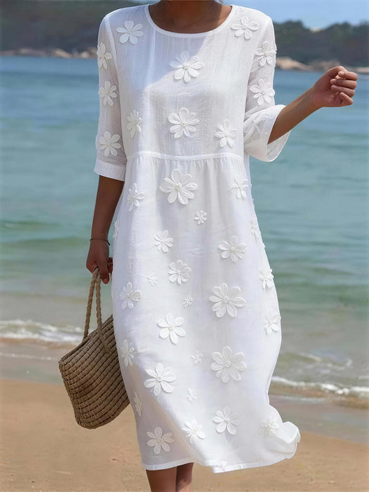Robe en mélange de lin à motif floral pour femme